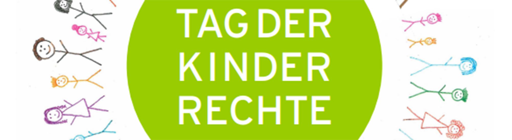 Logo "Tag der Kinderrechte" mit gr&uuml;nem Kreis und bunten Strichm&auml;nnchen-Figuren drumherum auf wei&szlig;em Hintergrund