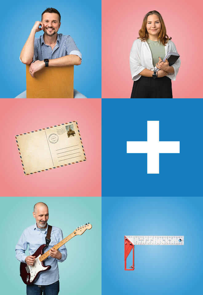 Sechs-teilige Collage zeigt Menschen verschiedener Berufe, Briefumschlag, Kreuz-Symbol und Winkel-Werkzeug auf bunten Hintergr&uuml;nden.