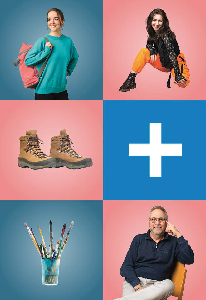 Collage mit sechs Feldern: zwei Personen, Wanderschuhe, wei&szlig;es Kreuz, Pinsel im Glas und Mann am Telefon.