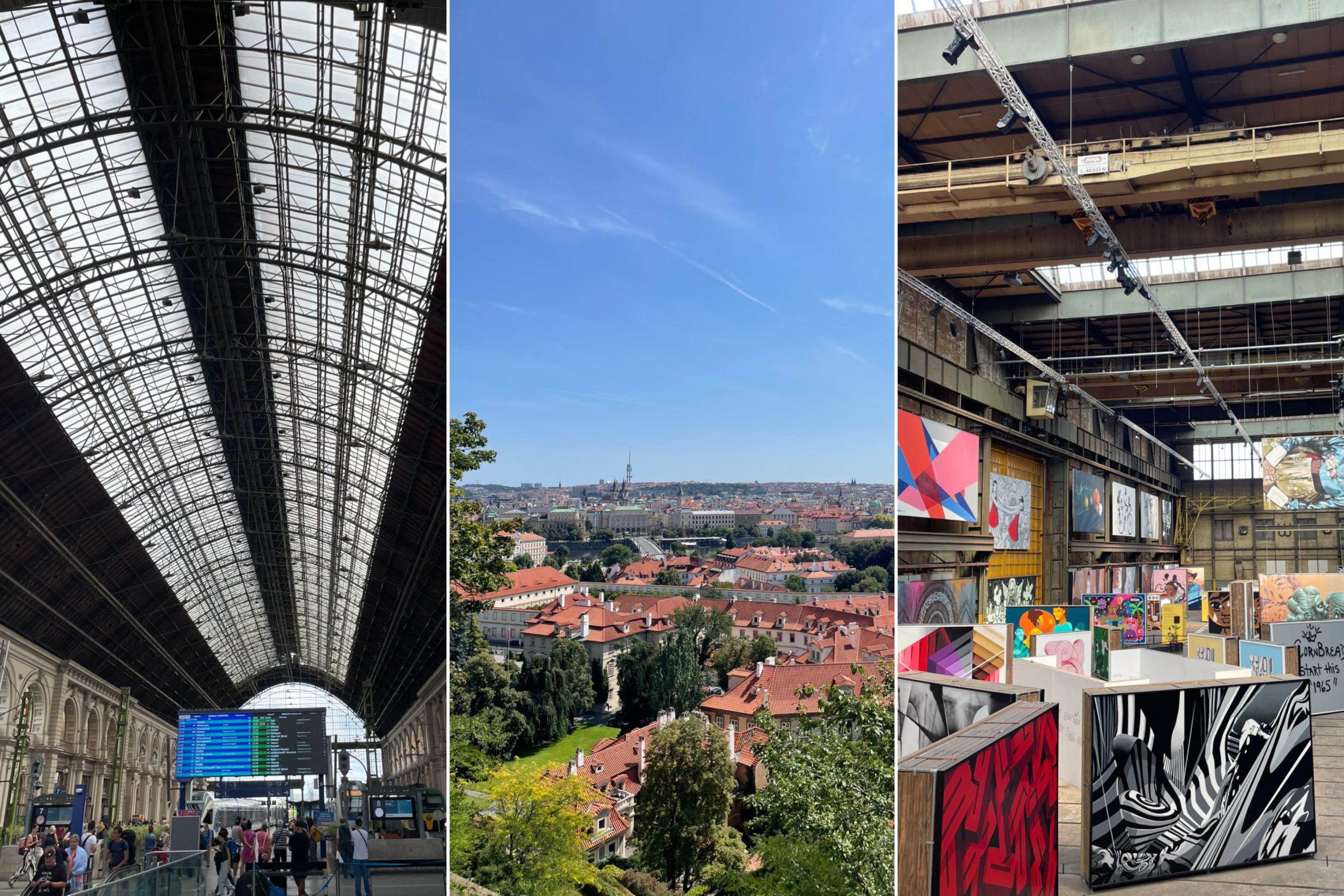 Collage mit drei Bildern von einer Bahnhofhalle, Ausblick auf Prag und einer Kunstausstellung in Amsterdam