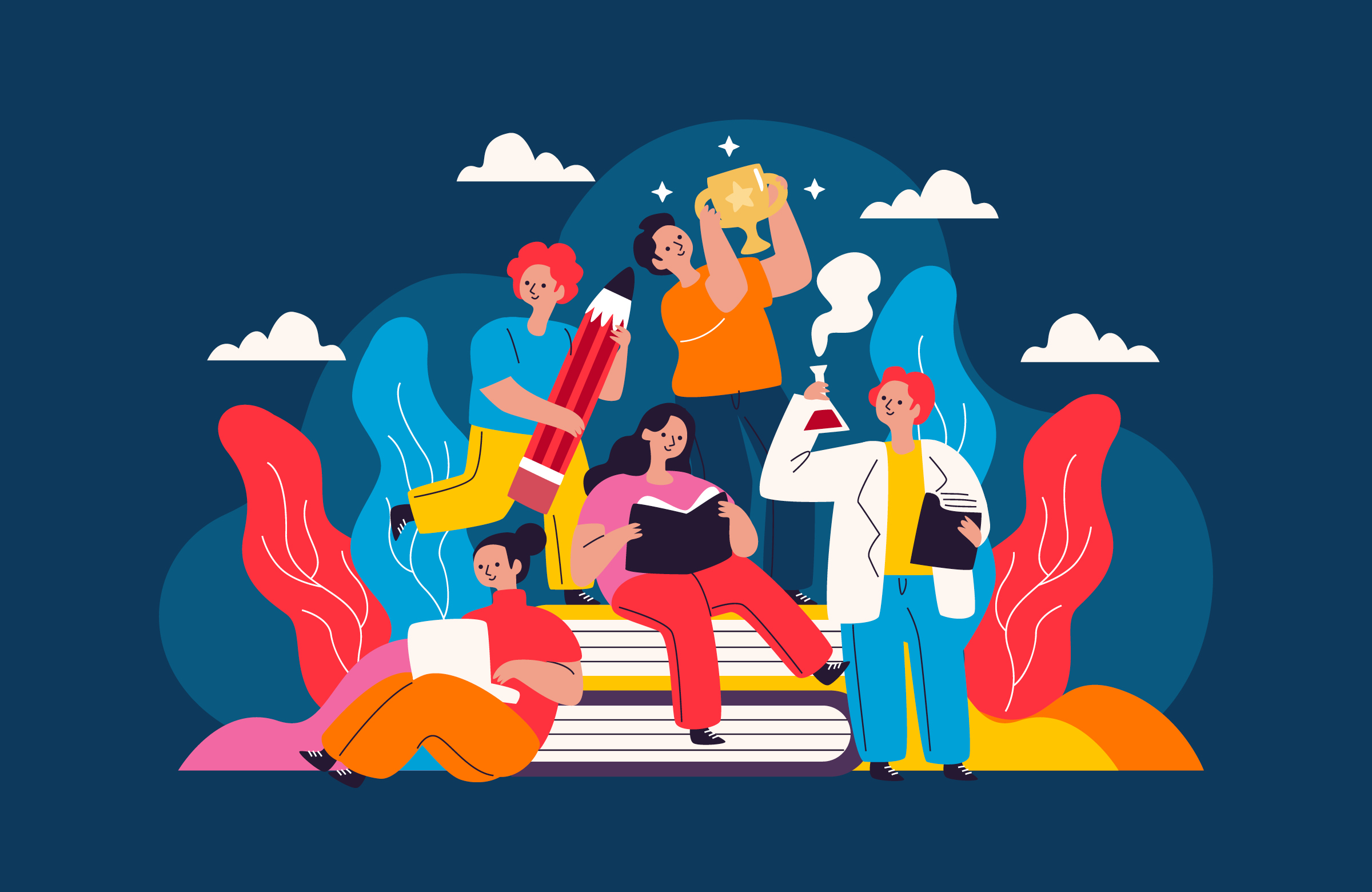 Illustration von fünf Personen, die diverse Gegenstände in Bezug auf Bildung halten