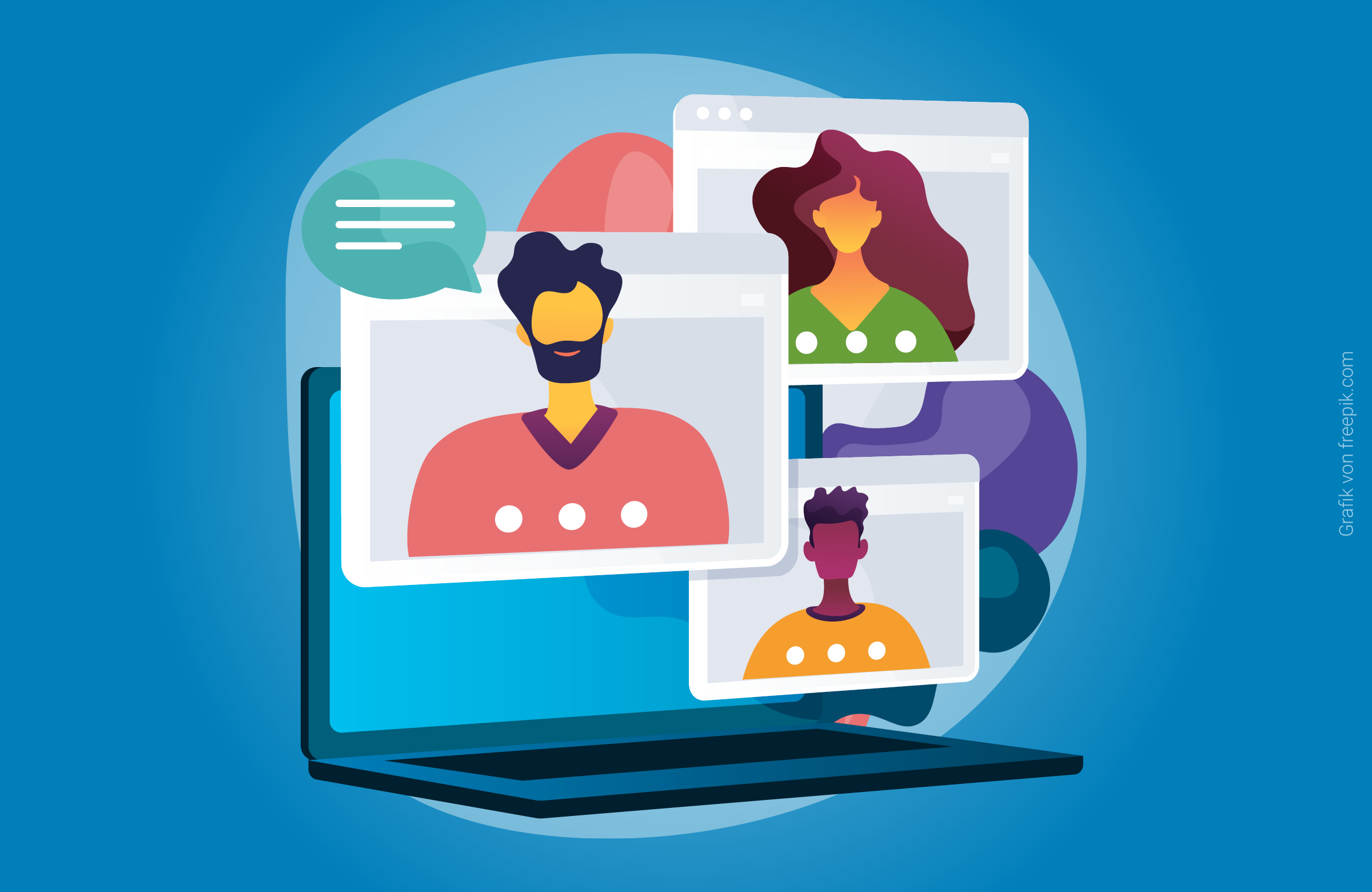 Grafik von einem Laptop mit drei Fenstern, die eine Teams-Videobesprechung zeigen