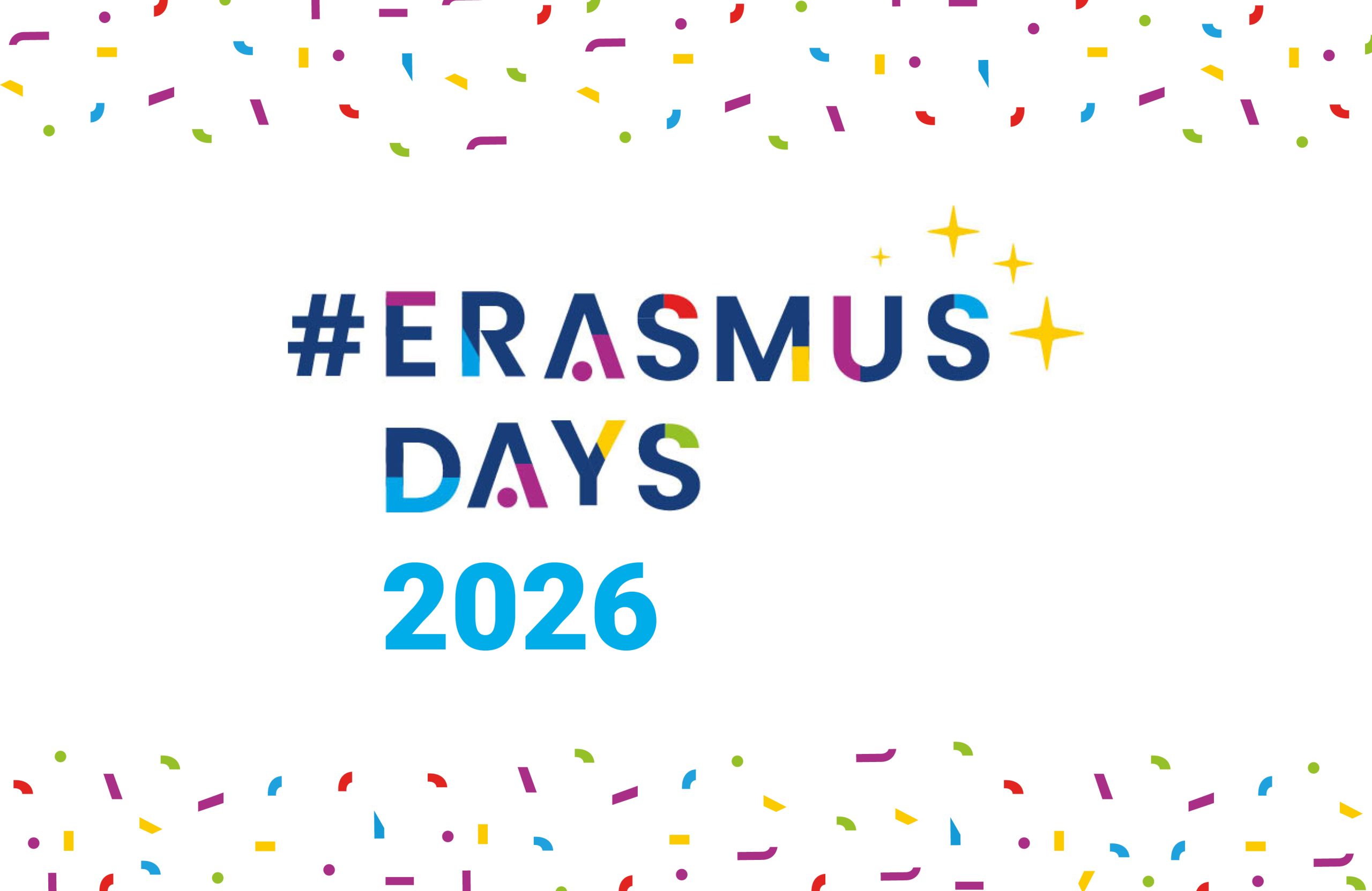 Buntes Logo der Erasmus Days 2026 mit Konfetti-Hintergrund und goldenen Sternen als Feier-Dekoration