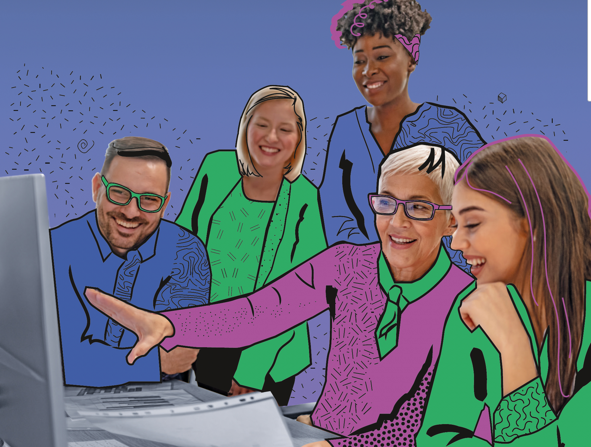 Illustration von f&uuml;nf Lehrkr&auml;ften, die gemeinsam vor einem Computer sitzen und auf den Bildschirm schauen. Die Personen sind farbenfroh im handgezeichneten Stil gestaltet.